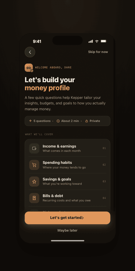 Kepper money profile onboarding screen